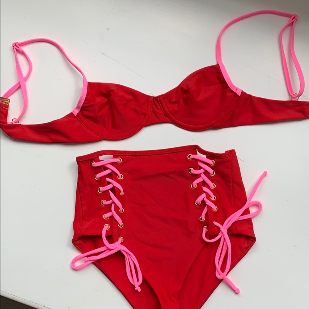 Lovers + Friends Laced candy red high waist bikini - Picture 3 of 6